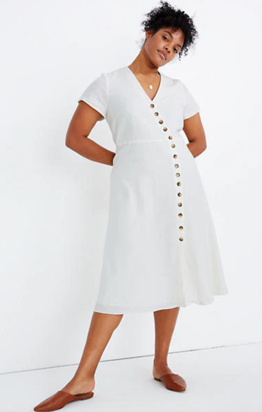 Linen-Blend Button-Wrap Midi Dress